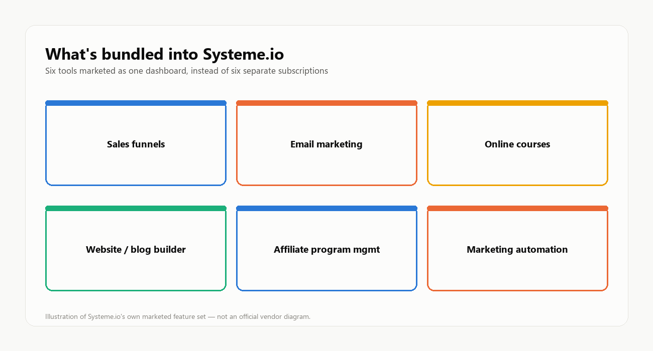 What's bundled into Systeme.io: sales funnels, email marketing, online courses, website/blog builder, affiliate program management, and marketing automation, shown as six boxes